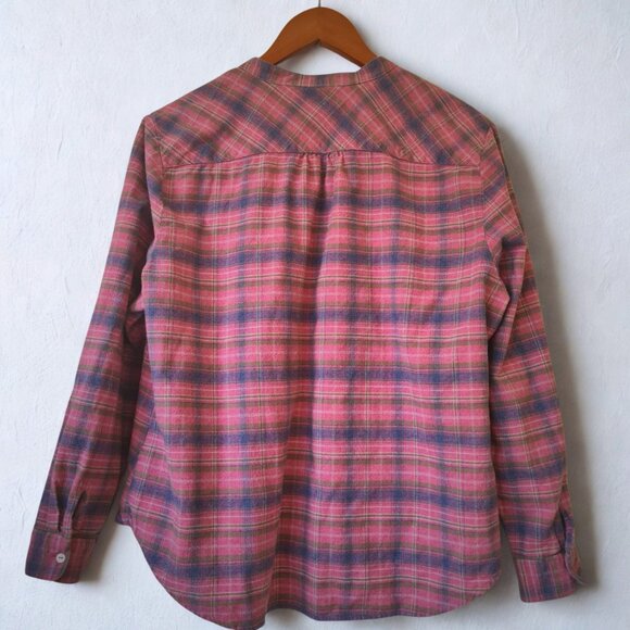 L.L.Bean Women Pink&Blue Plaid Flannel Shirt Collarless Neckline Preppy Western - Picture 3 of 14